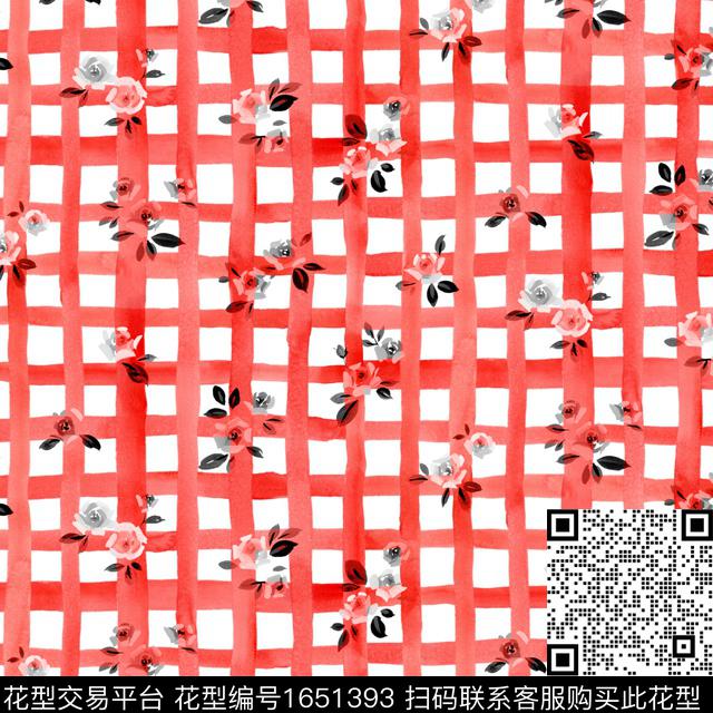 花卉手绘格子数码印花花型下载（图片编号: 1651393） - 瓦栏（Walan）