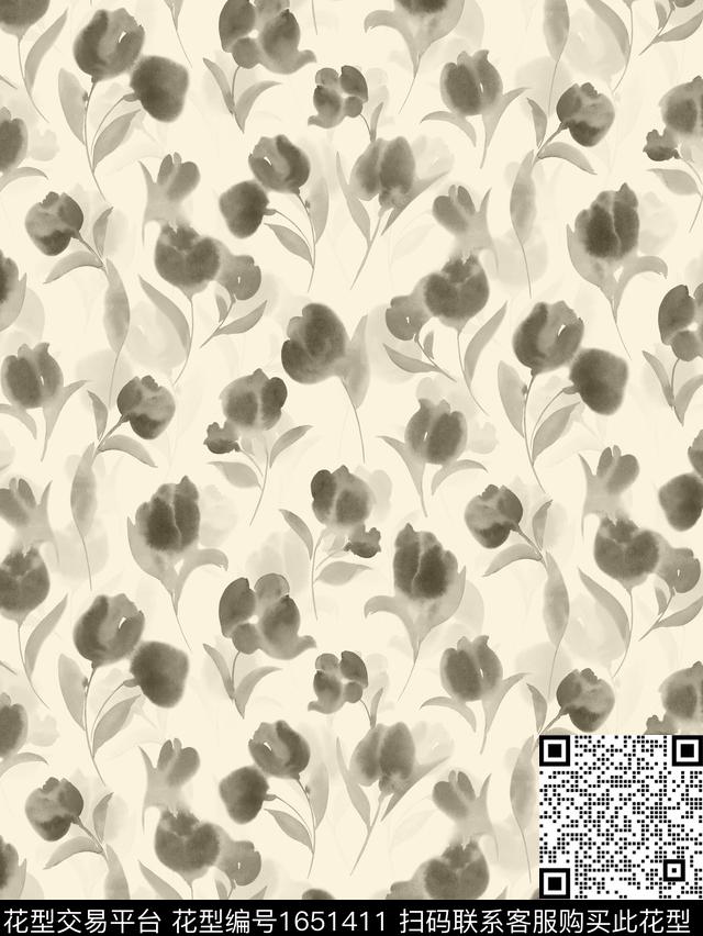 花卉水墨风影花数码印花花型下载（图片编号: 1651411） - 瓦栏（Walan）