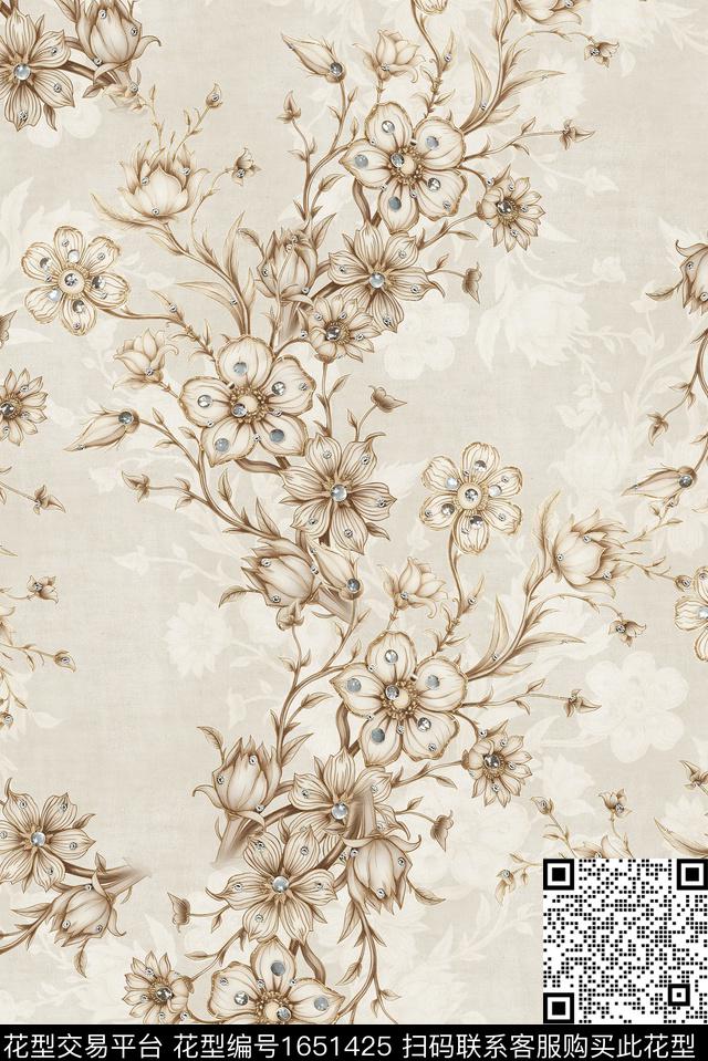 年轻女装满版散花水彩花卉数码印花花型下载（图片编号: 1651425） - 瓦栏（Walan）