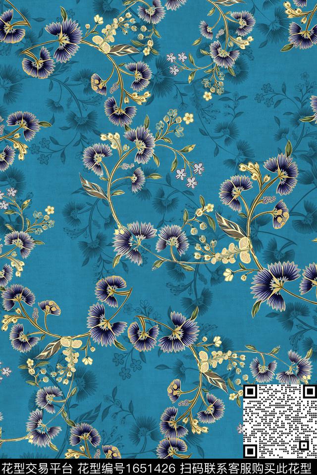 年轻女装满版散花水彩花卉数码印花花型下载（图片编号: 1651426） - 瓦栏（Walan）