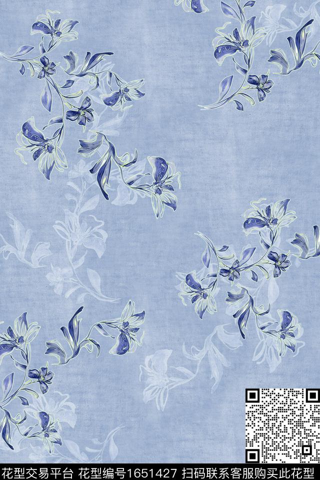 年轻女装满版散花水彩花卉数码印花花型下载（图片编号: 1651427） - 瓦栏（Walan）