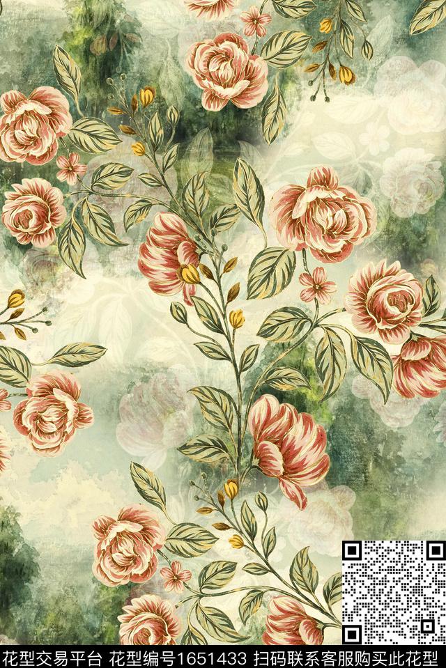 年轻女装满版散花水彩花卉数码印花花型下载（图片编号: 1651433） - 瓦栏（Walan）