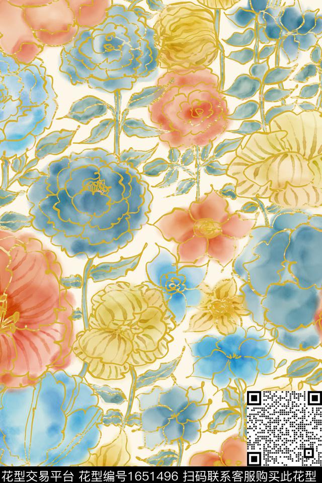 小清新大花花卉数码印花花型下载（图片编号: 1651496） - 瓦栏（Walan）