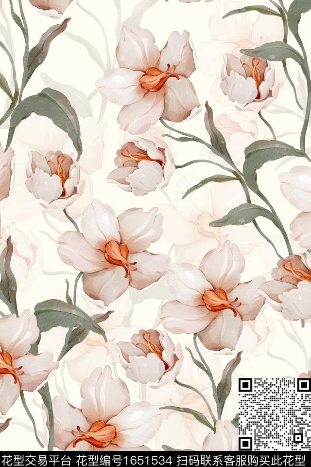年轻女装小清新花卉数码印花花型下载（图片编号: 1651534） - 瓦栏（Walan）