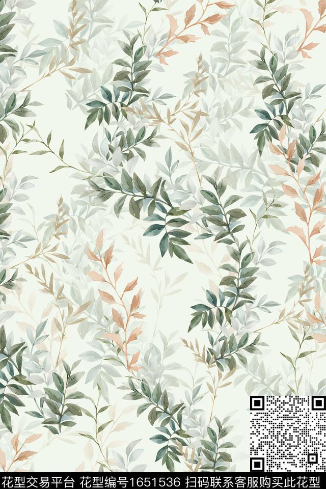 年轻女装小清新绿植树叶数码印花花型下载（图片编号: 1651536） - 瓦栏（Walan）