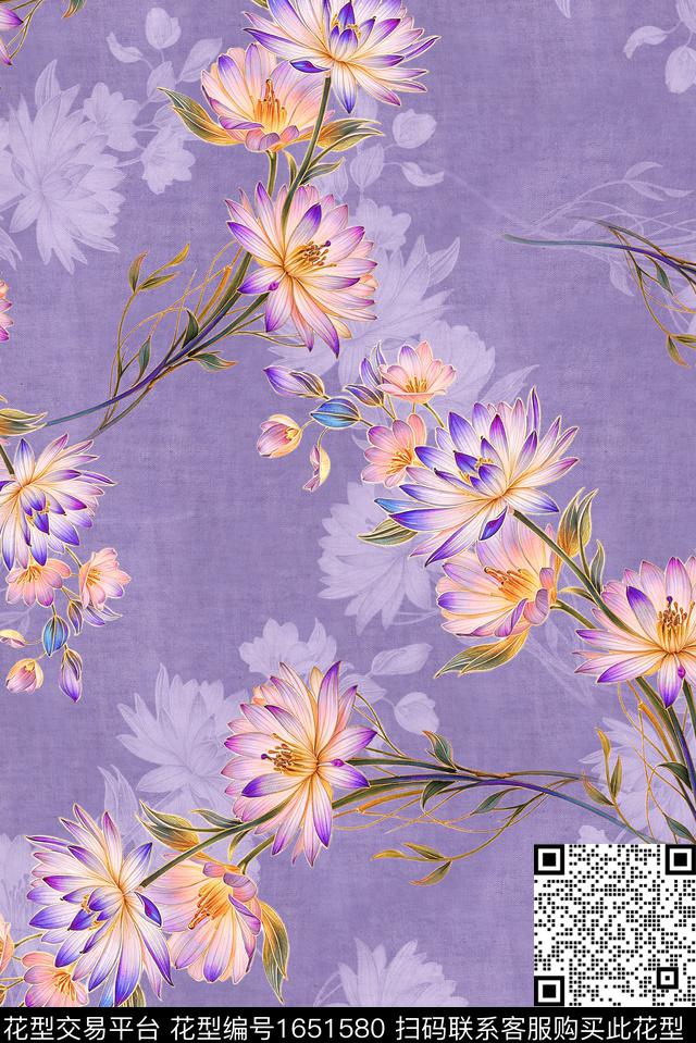 年轻女装满版散花水彩花卉数码印花花型下载（图片编号: 1651580） - 瓦栏（Walan）