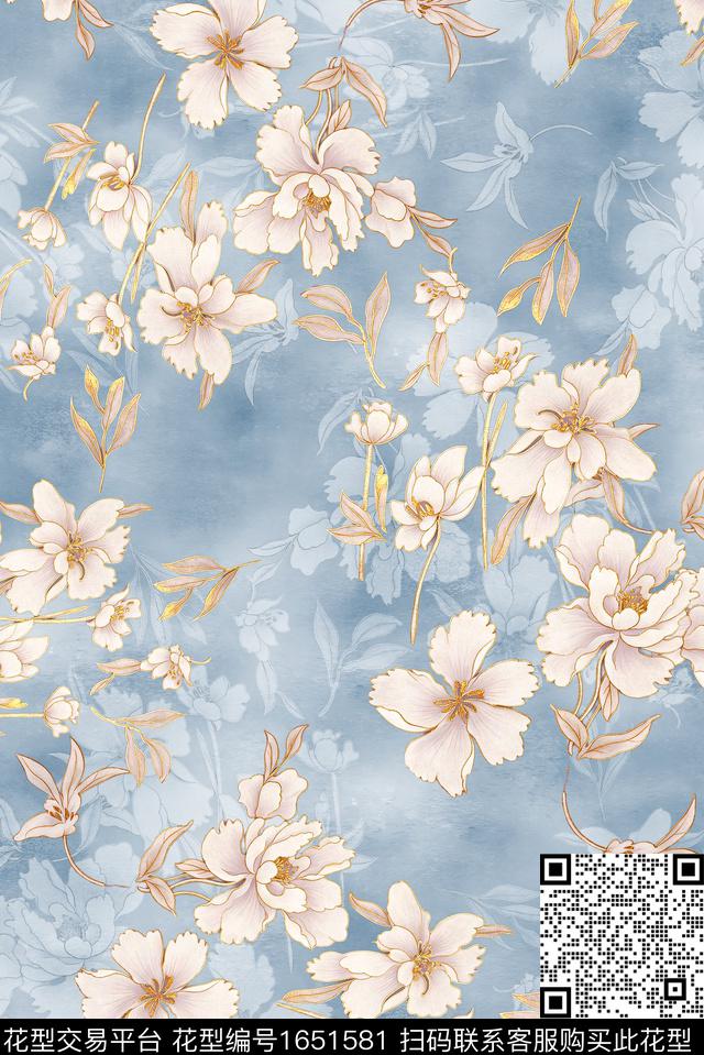 年轻女装满版散花水彩花卉数码印花花型下载（图片编号: 1651581） - 瓦栏（Walan）