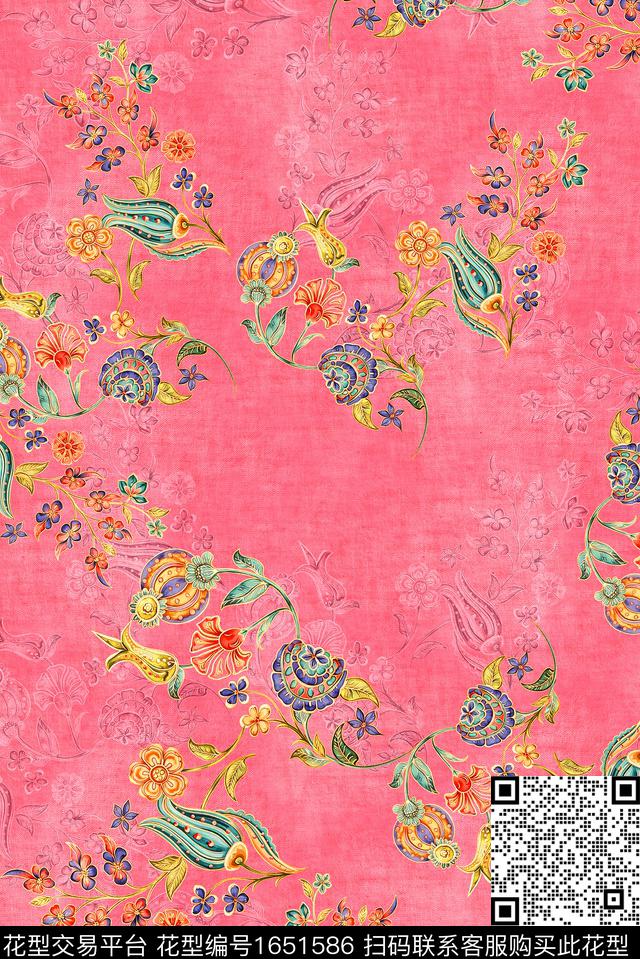 年轻女装满版散花水彩花卉数码印花花型下载（图片编号: 1651586） - 瓦栏（Walan）