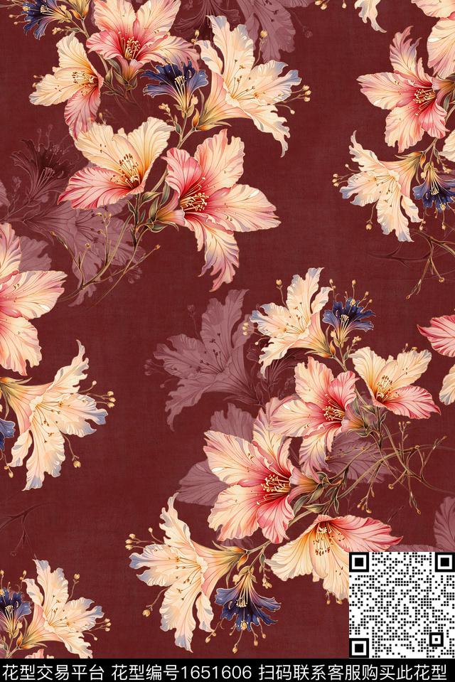 年轻女装满版散花水彩花卉数码印花花型下载（图片编号: 1651606） - 瓦栏（Walan）