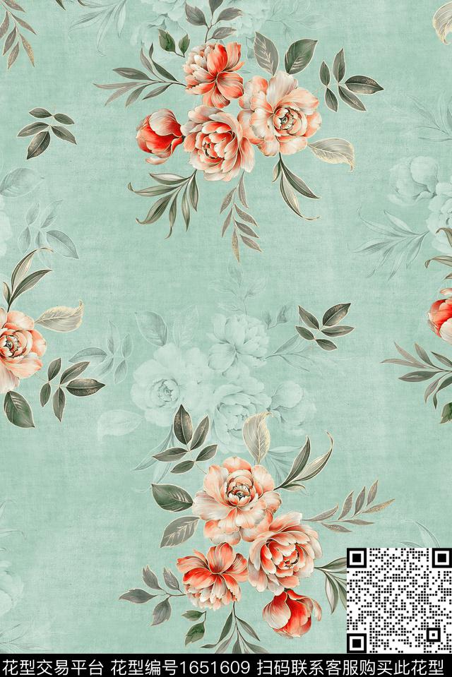 年轻女装满版散花水彩花卉数码印花花型下载（图片编号: 1651609） - 瓦栏（Walan）