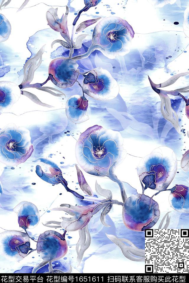 年轻女装满版散花水彩花卉数码印花花型下载（图片编号: 1651611） - 瓦栏（Walan）