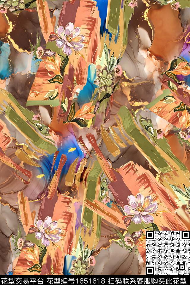 年轻女装满版散花水彩花卉数码印花花型下载（图片编号: 1651618） - 瓦栏（Walan）