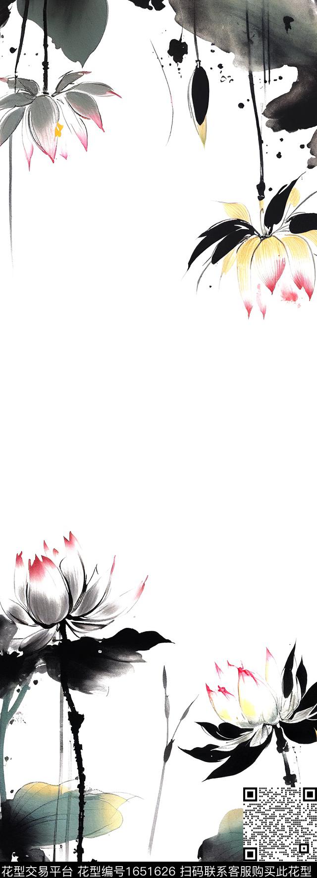 中国风水墨风荷花数码印花花型下载（图片编号: 1651626） - 瓦栏（Walan）