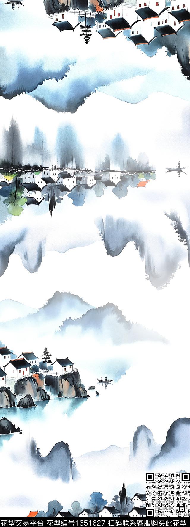 中国风水彩风景景观数码印花花型下载（图片编号: 1651627） - 瓦栏（Walan）