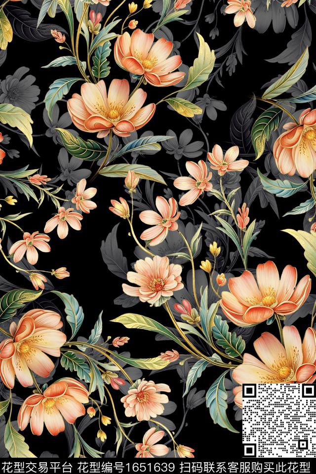 年轻女装黑底花卉满版散花数码印花花型下载（图片编号: 1651639） - 瓦栏（Walan）