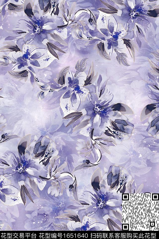 年轻女装满版散花水彩花卉数码印花花型下载（图片编号: 1651640） - 瓦栏（Walan）
