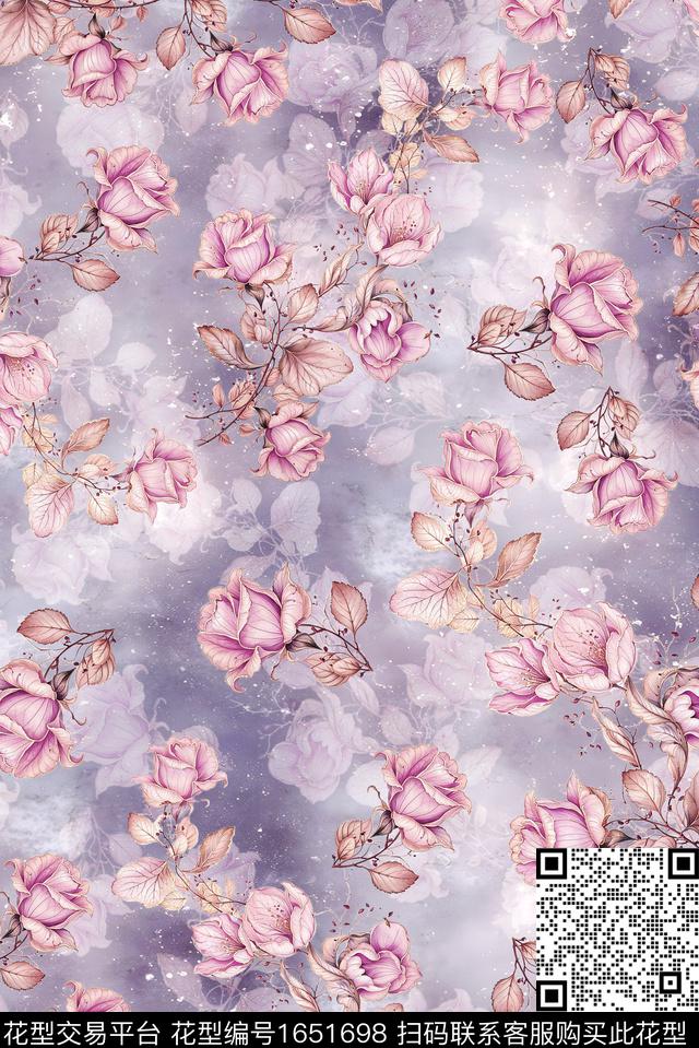 年轻女装满版散花水彩花卉数码印花花型下载（图片编号: 1651698） - 瓦栏（Walan）