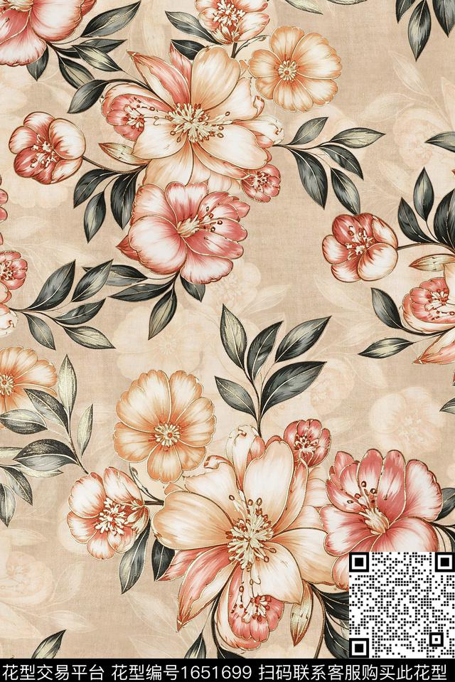 年轻女装满版散花水彩花卉数码印花花型下载（图片编号: 1651699） - 瓦栏（Walan）