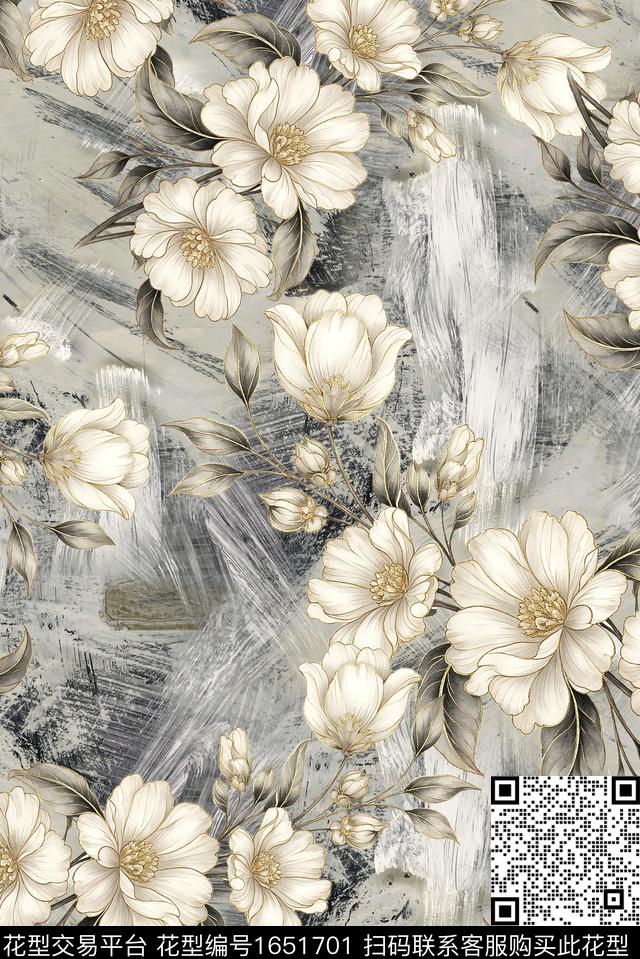 年轻女装满版散花水彩花卉数码印花花型下载（图片编号: 1651701） - 瓦栏（Walan）
