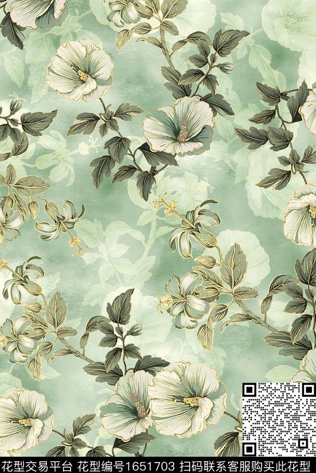 年轻女装满版散花水彩花卉数码印花花型下载（图片编号: 1651703） - 瓦栏（Walan）