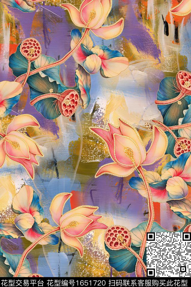 年轻女装满版散花水彩花卉数码印花花型下载（图片编号: 1651720） - 瓦栏（Walan）