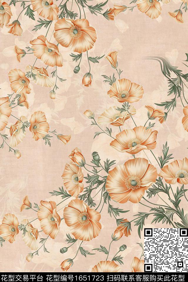 年轻女装满版散花水彩花卉数码印花花型下载（图片编号: 1651723） - 瓦栏（Walan）
