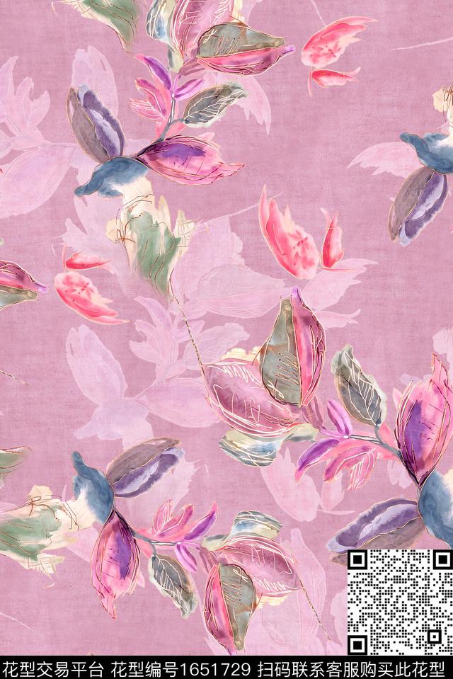 年轻女装满版散花水彩花卉数码印花花型下载（图片编号: 1651729） - 瓦栏（Walan）