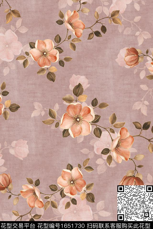 年轻女装满版散花水彩花卉数码印花花型下载（图片编号: 1651730） - 瓦栏（Walan）