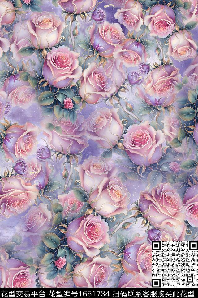 年轻女装满版散花水彩花卉数码印花花型下载（图片编号: 1651734） - 瓦栏（Walan）