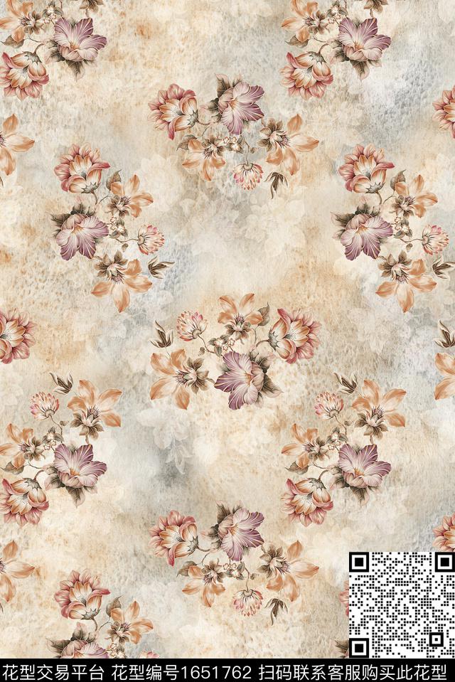年轻女装满版散花水彩花卉数码印花花型下载（图片编号: 1651762） - 瓦栏（Walan）