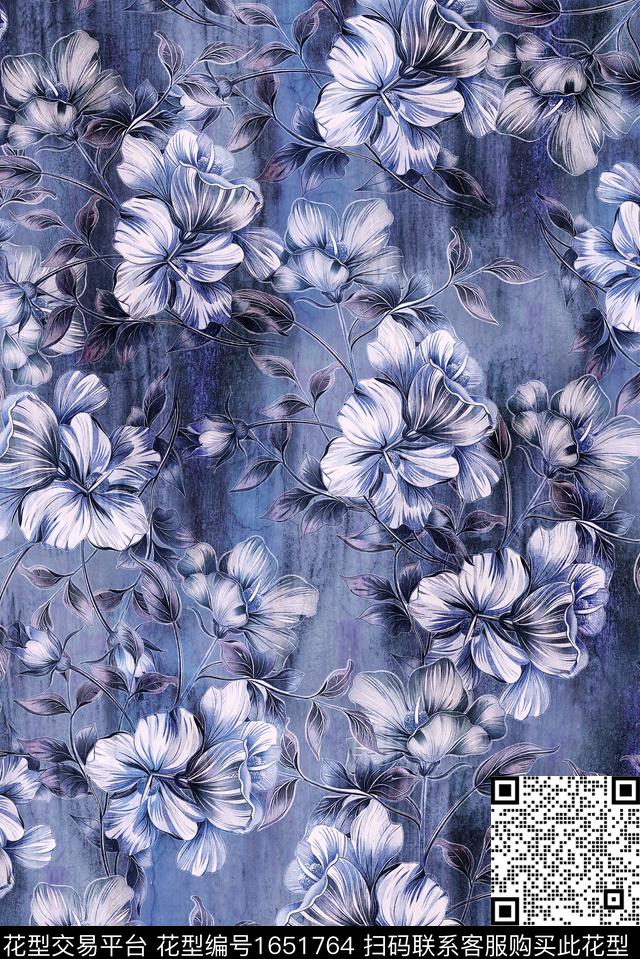 年轻女装满版散花水彩花卉数码印花花型下载（图片编号: 1651764） - 瓦栏（Walan）