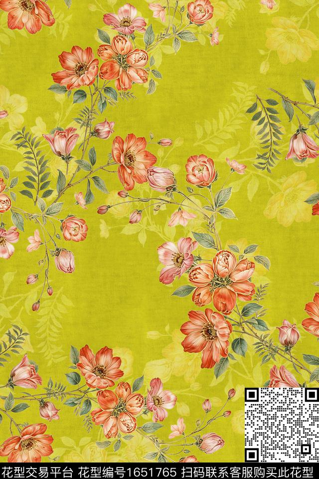 年轻女装满版散花水彩花卉数码印花花型下载（图片编号: 1651765） - 瓦栏（Walan）