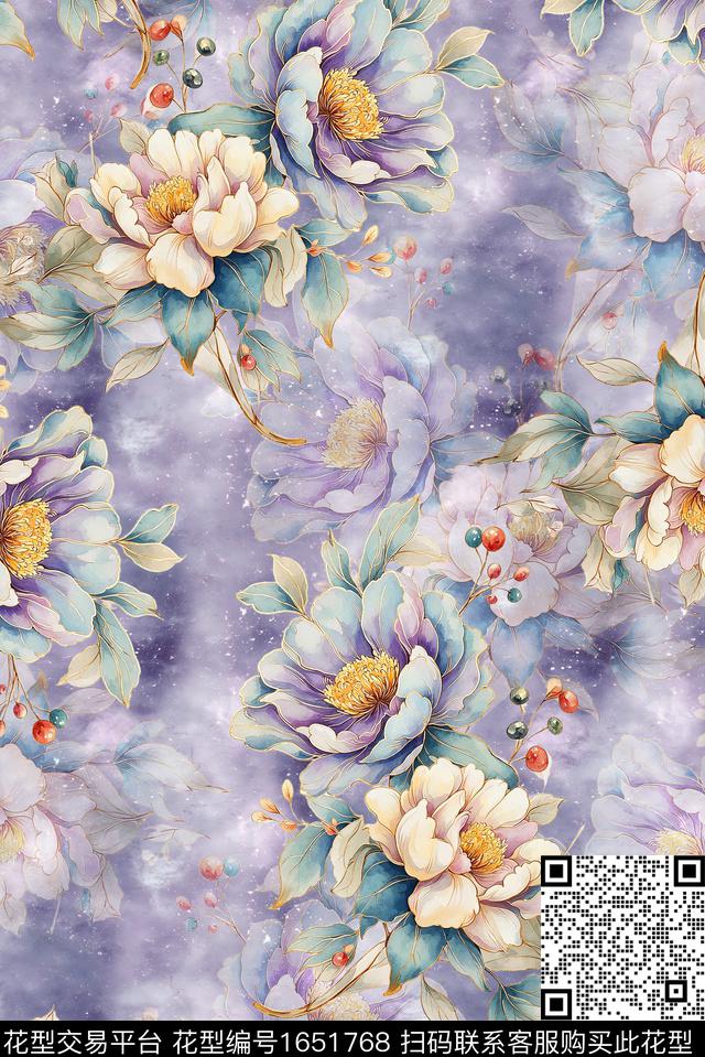 年轻女装满版散花水彩花卉数码印花花型下载（图片编号: 1651768） - 瓦栏（Walan）