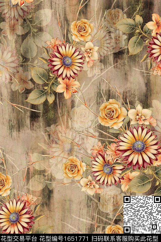 年轻女装满版散花水彩花卉数码印花花型下载（图片编号: 1651771） - 瓦栏（Walan）