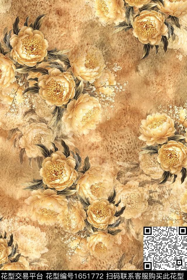 年轻女装满版散花水彩花卉数码印花花型下载（图片编号: 1651772） - 瓦栏（Walan）