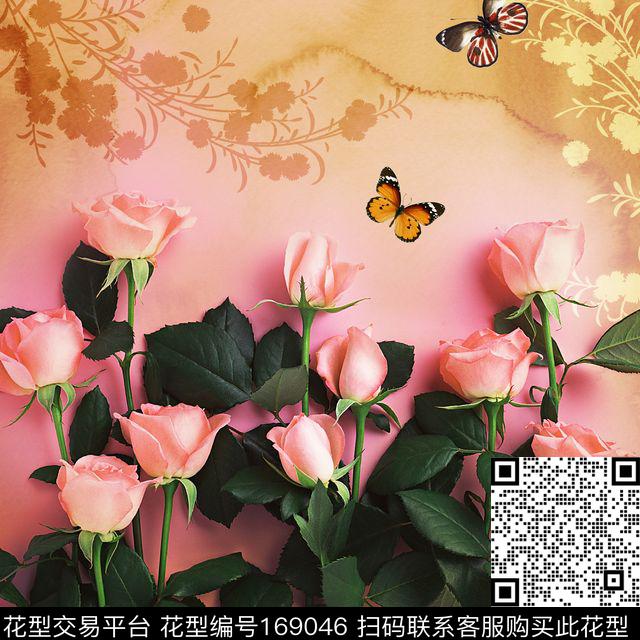 粉色玫瑰蝴蝶方巾数码印花花型下载（图片编号: 169046） - 瓦栏（Walan）