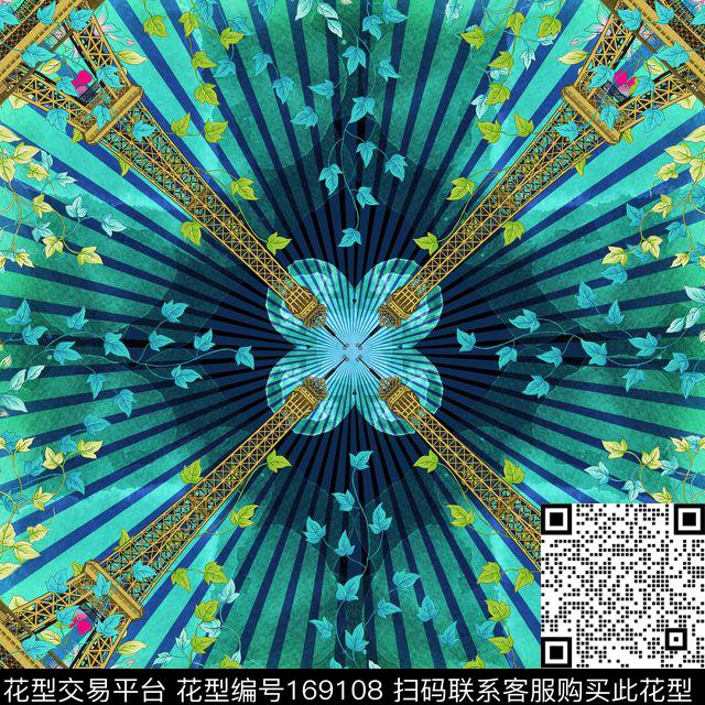 埃菲尔铁塔放射状线条缠枝花数码印花花型下载（图片编号: 169108） - 瓦栏（Walan）