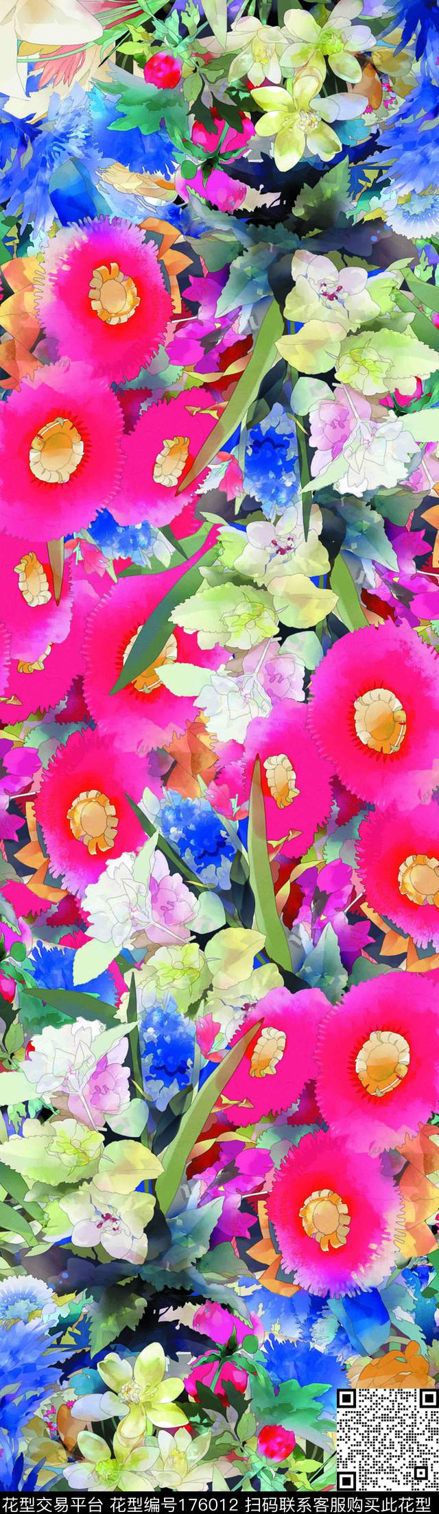 工笔花卉 - 176012 - 花卉 长巾 水墨 - 数码印花花型 － 长巾花型设计 － 瓦栏
