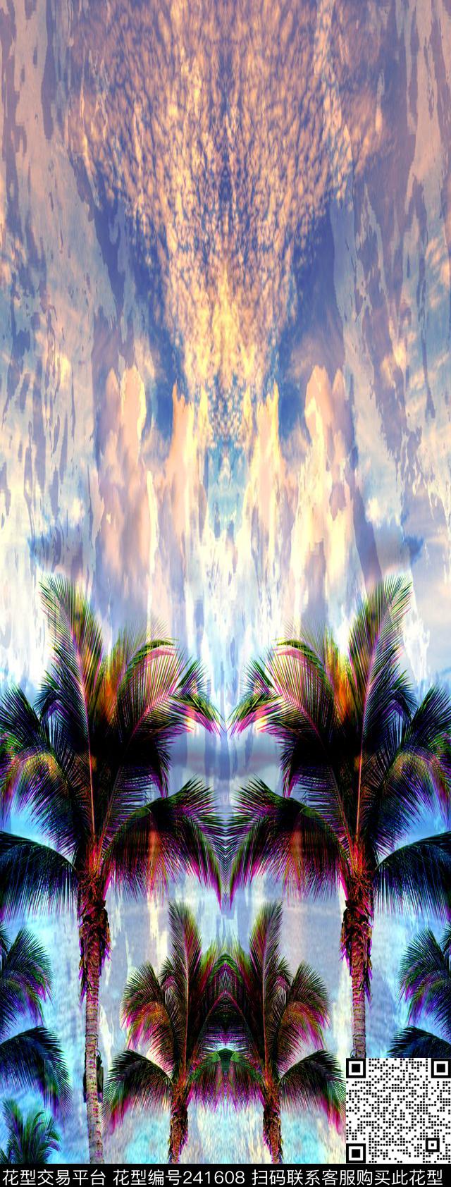 热带椰树对称定位风景 - 241608 - 定位 对称 热带风情 - 数码印花花型 － 女装花型设计 － 瓦栏