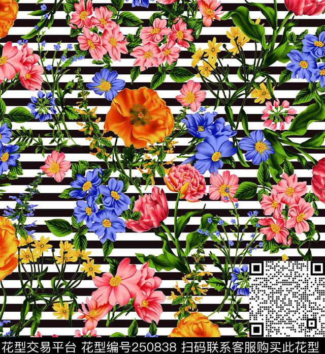 花卉条纹传统印花花型下载（图片编号: 250838） - 瓦栏（Walan）