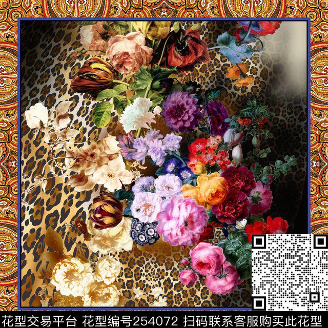 边框花卉豹纹欧式宫廷复古典雅围巾数码印花花型下载（图片编号: 254072） - 瓦栏（Walan）