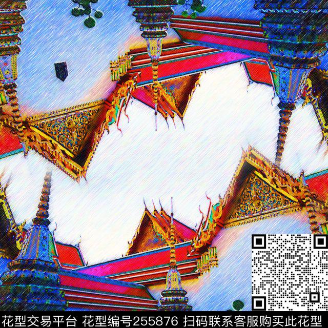 建筑寺庙泰国方巾数码知性方巾数码印花花型下载（图片编号: 255876） - 瓦栏（Walan）