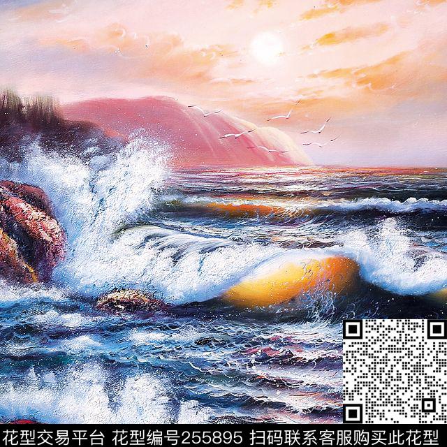边框油画风景海景海浪方巾知性方巾数码印花花型下载（图片编号: 255895） - 瓦栏（Walan）