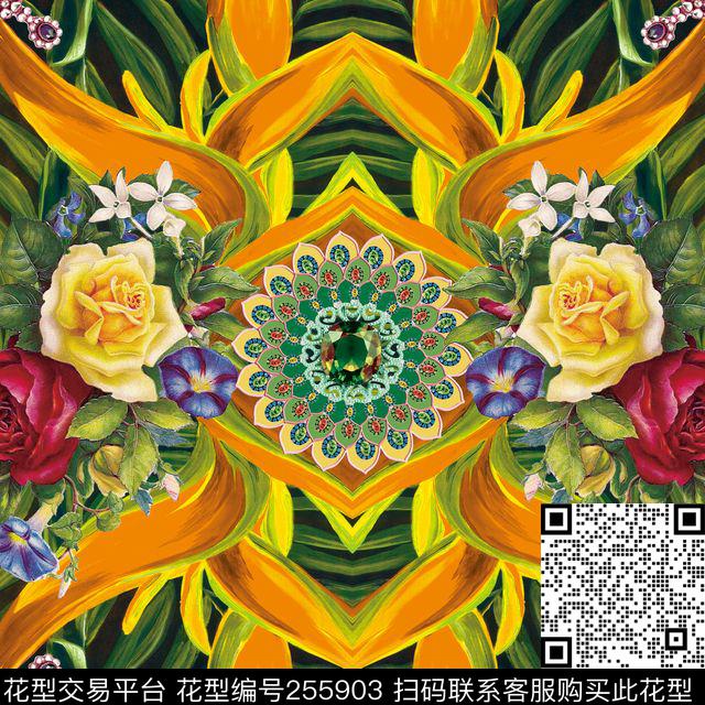 花卉对称镜像数码知性方巾数码印花花型下载（图片编号: 255903） - 瓦栏（Walan）