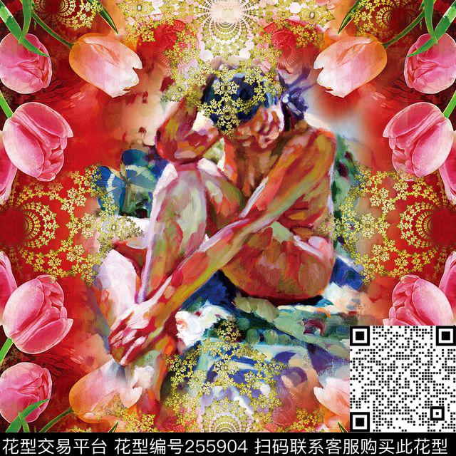 花卉郁金香人物数码知性方巾数码印花花型下载（图片编号: 255904） - 瓦栏（Walan）