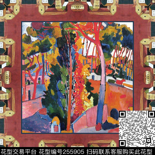 边框部落风油画数码知性方巾数码印花花型下载（图片编号: 255905） - 瓦栏（Walan）
