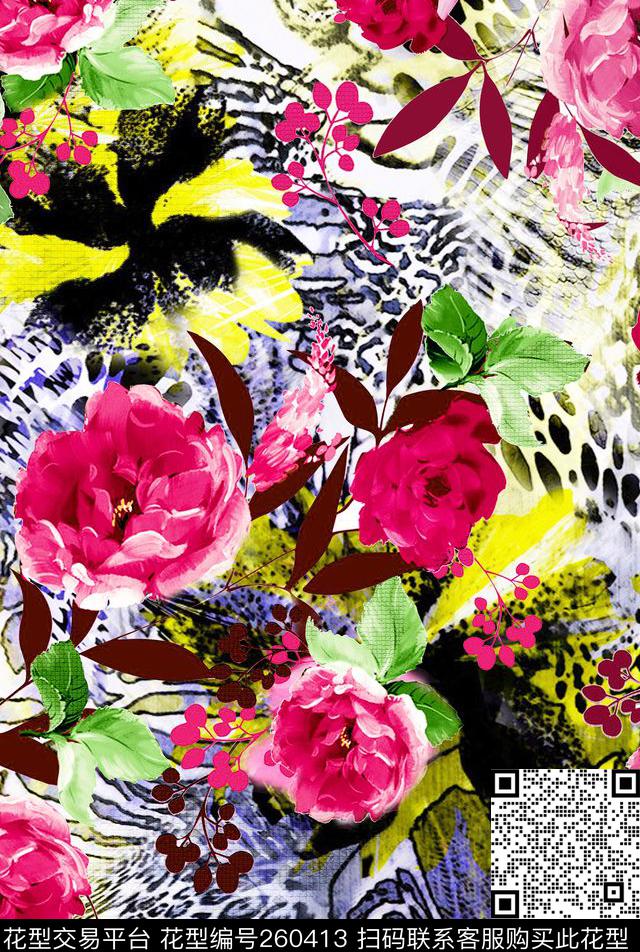 动物纹花卉数码印花花型下载（图片编号: 260413） - 瓦栏（Walan）