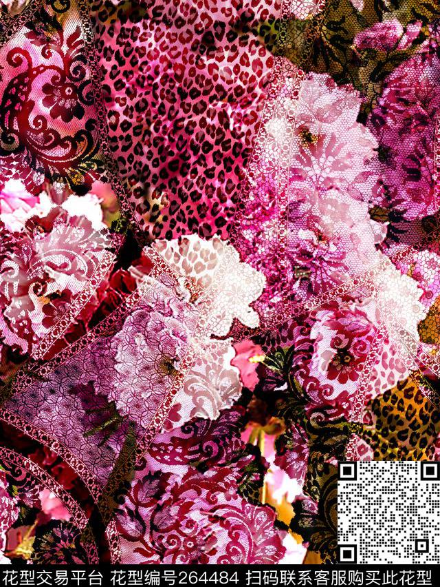 花卉豹纹蕾丝数码印花花型下载（图片编号: 264484） - 瓦栏（Walan）