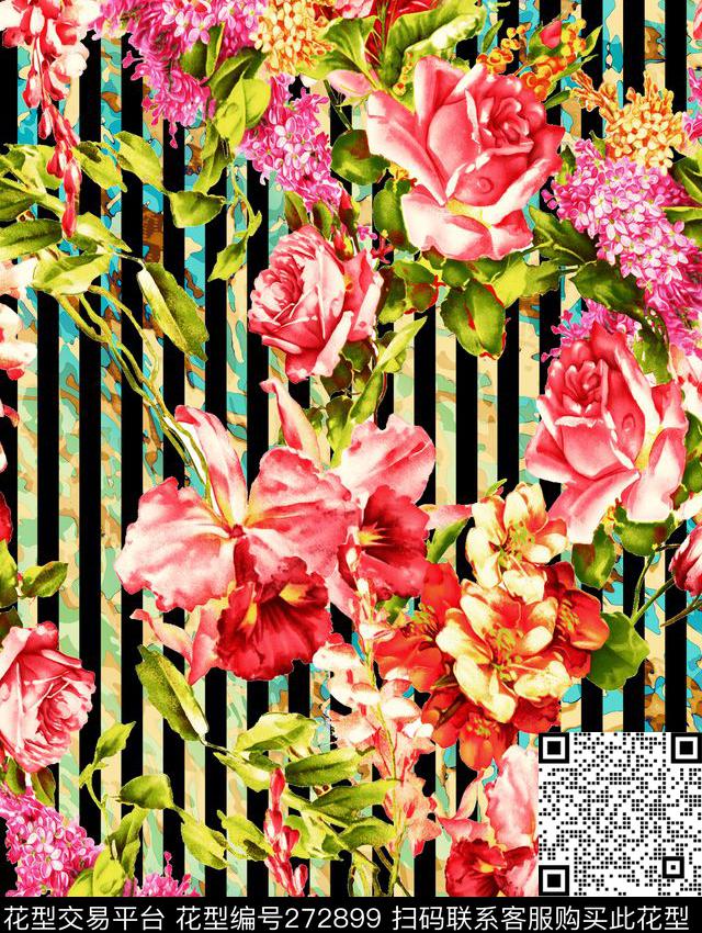 花卉条纹数码印花花型下载（图片编号: 272899） - 瓦栏（Walan）
