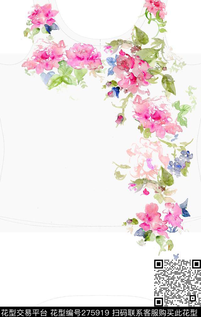 水彩定位花 - 275919 -  - 数码印花花型 － 女装花型设计 － 瓦栏